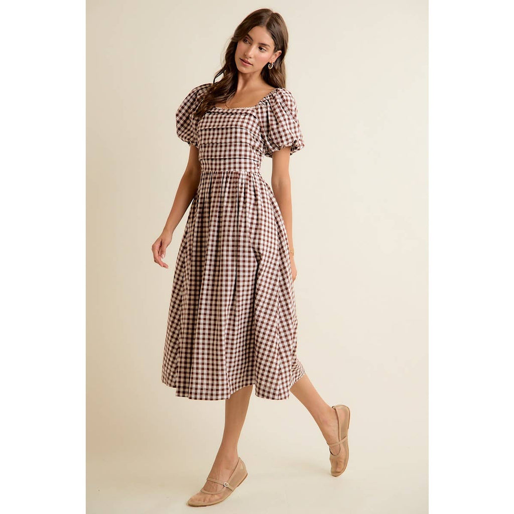 GINGHAM LACE TRIM PUFF SLEEVES LINED MIDI DRESS
