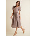 GINGHAM LACE TRIM PUFF SLEEVES LINED MIDI DRESS