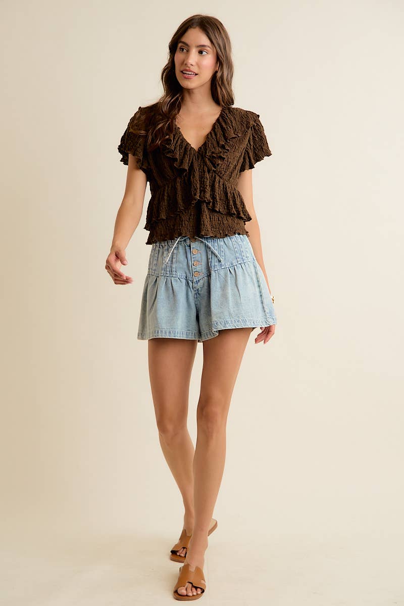 TEXTURED KNIT RUFFLE V NECK KNIT TOP