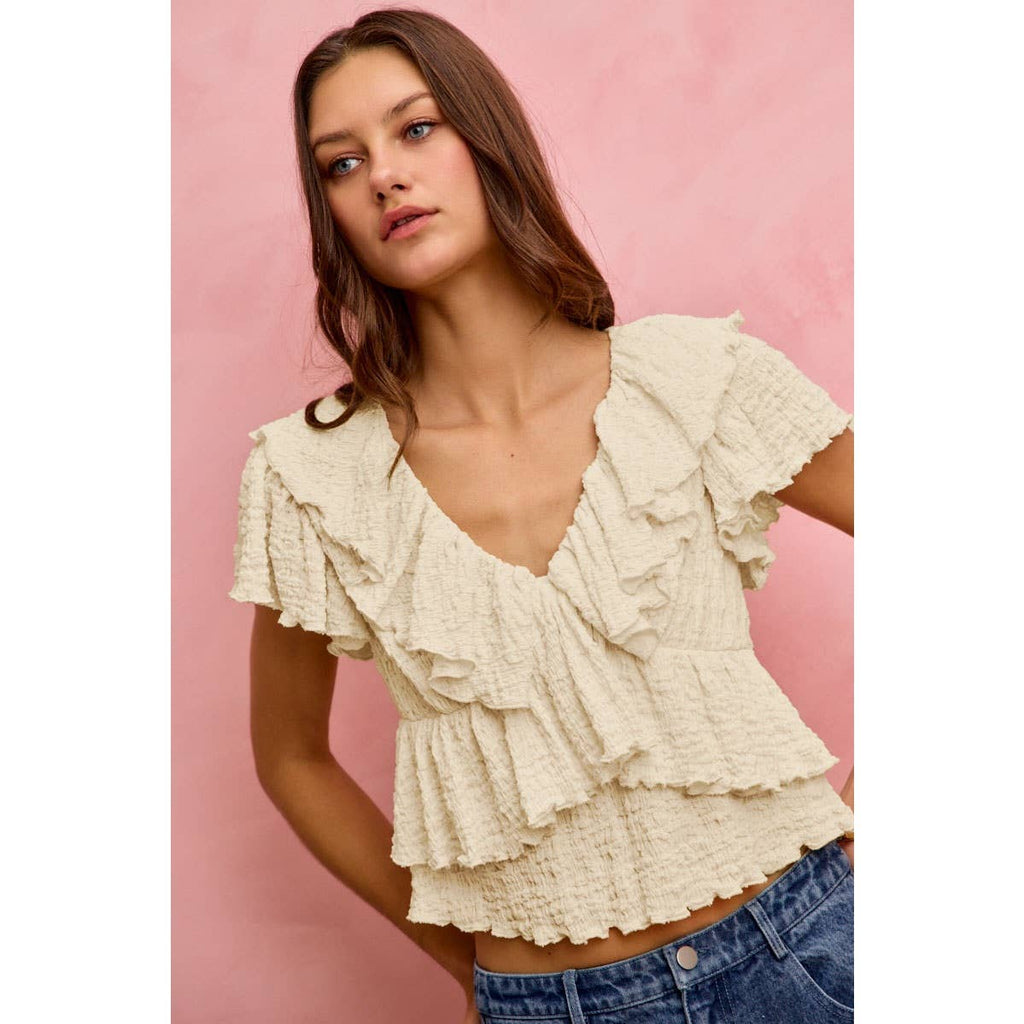 TEXTURED KNIT RUFFLE V NECK KNIT TOP