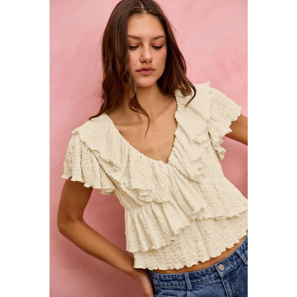 TEXTURED KNIT RUFFLE V NECK KNIT TOP
