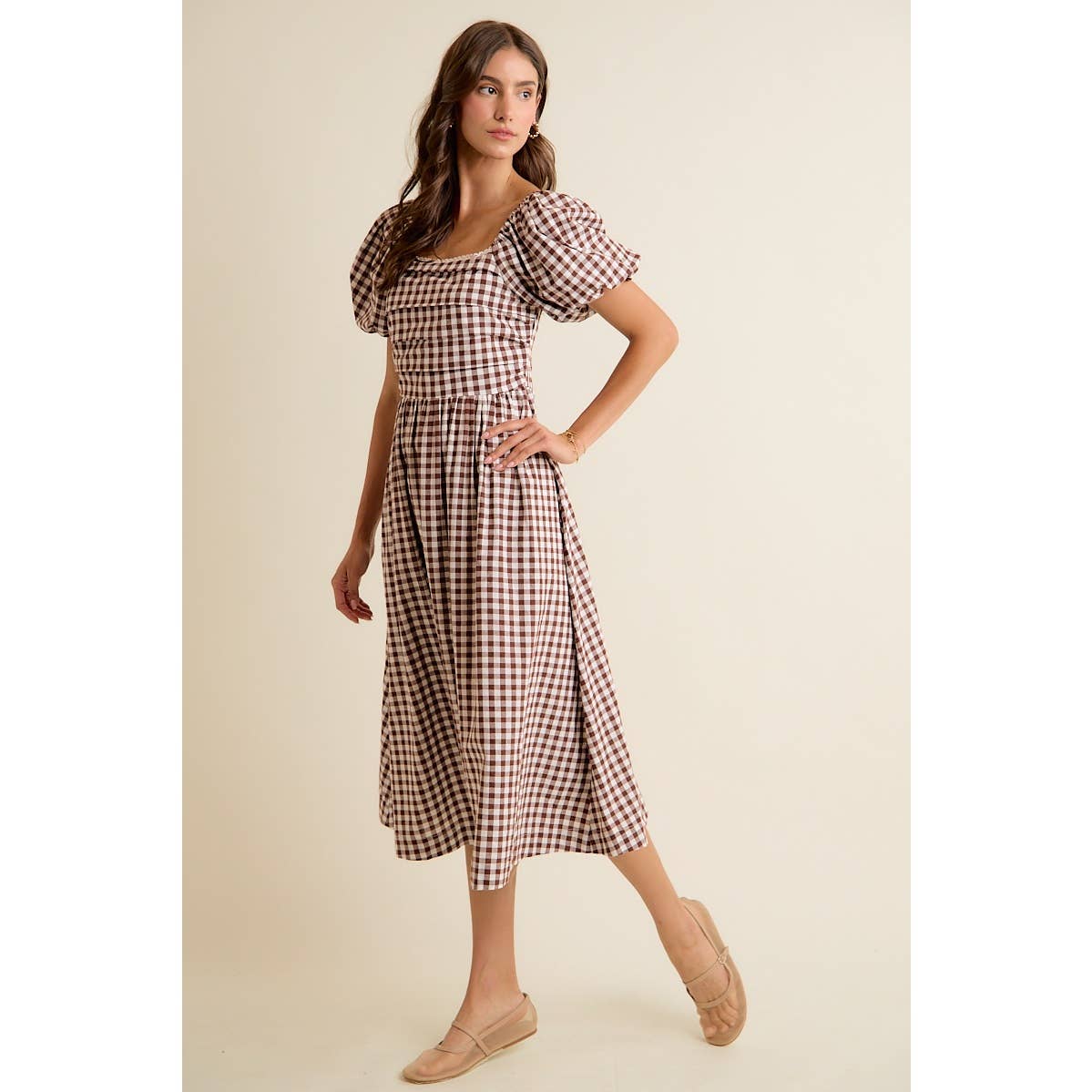 GINGHAM LACE TRIM PUFF SLEEVES LINED MIDI DRESS