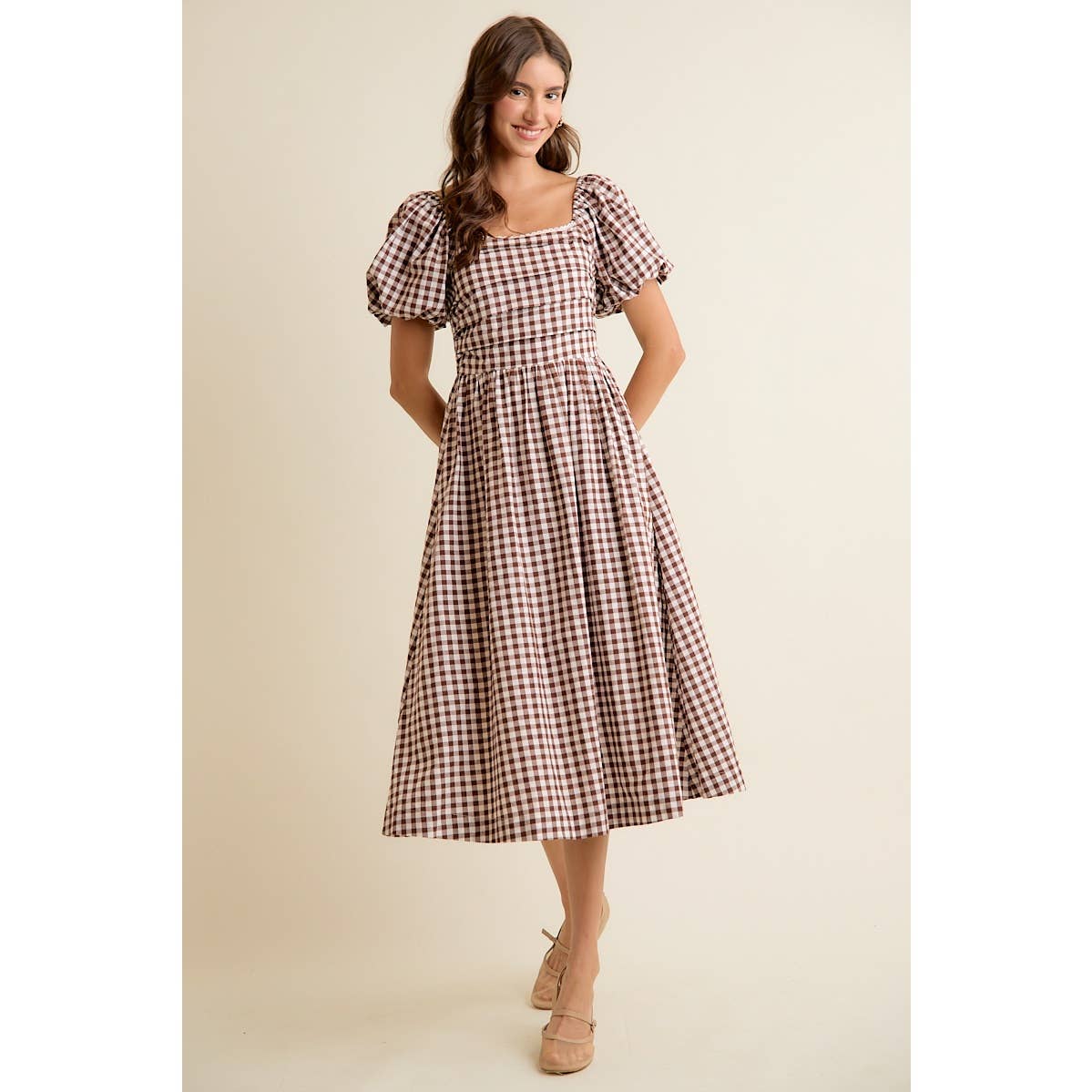 GINGHAM LACE TRIM PUFF SLEEVES LINED MIDI DRESS