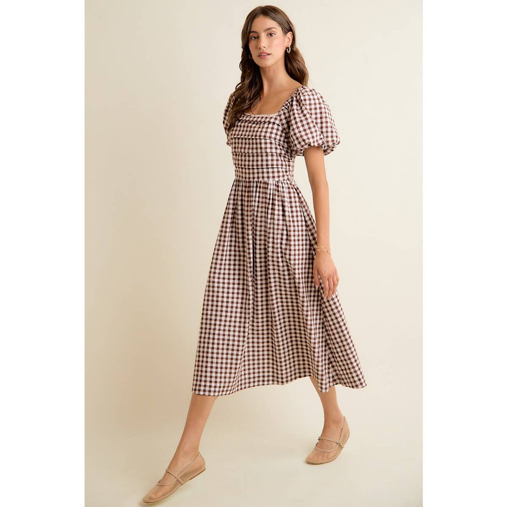GINGHAM LACE TRIM PUFF SLEEVES LINED MIDI DRESS