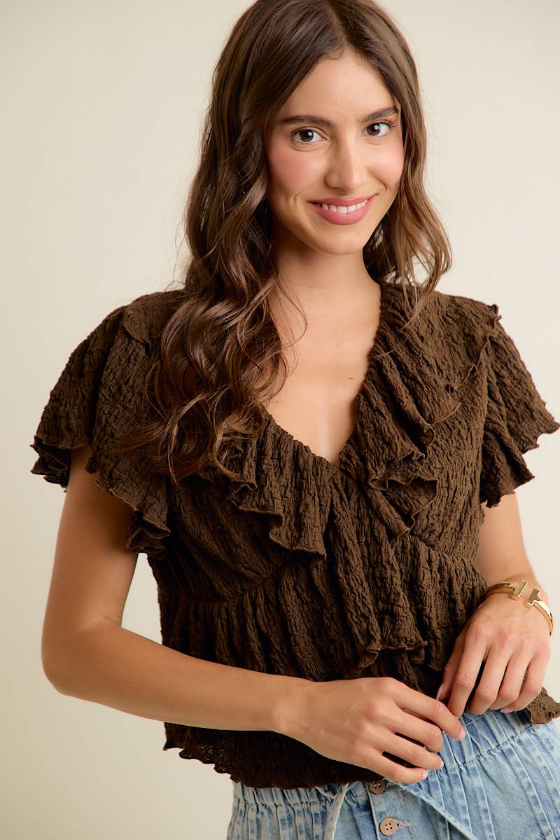 TEXTURED KNIT RUFFLE V NECK KNIT TOP