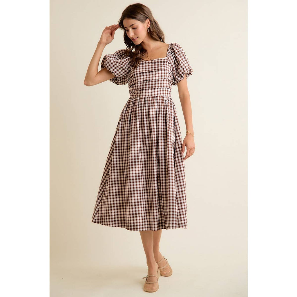 GINGHAM LACE TRIM PUFF SLEEVES LINED MIDI DRESS