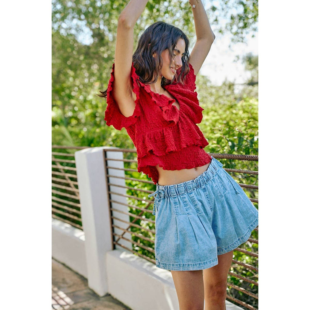 TEXTURED KNIT RUFFLE V NECK KNIT TOP
