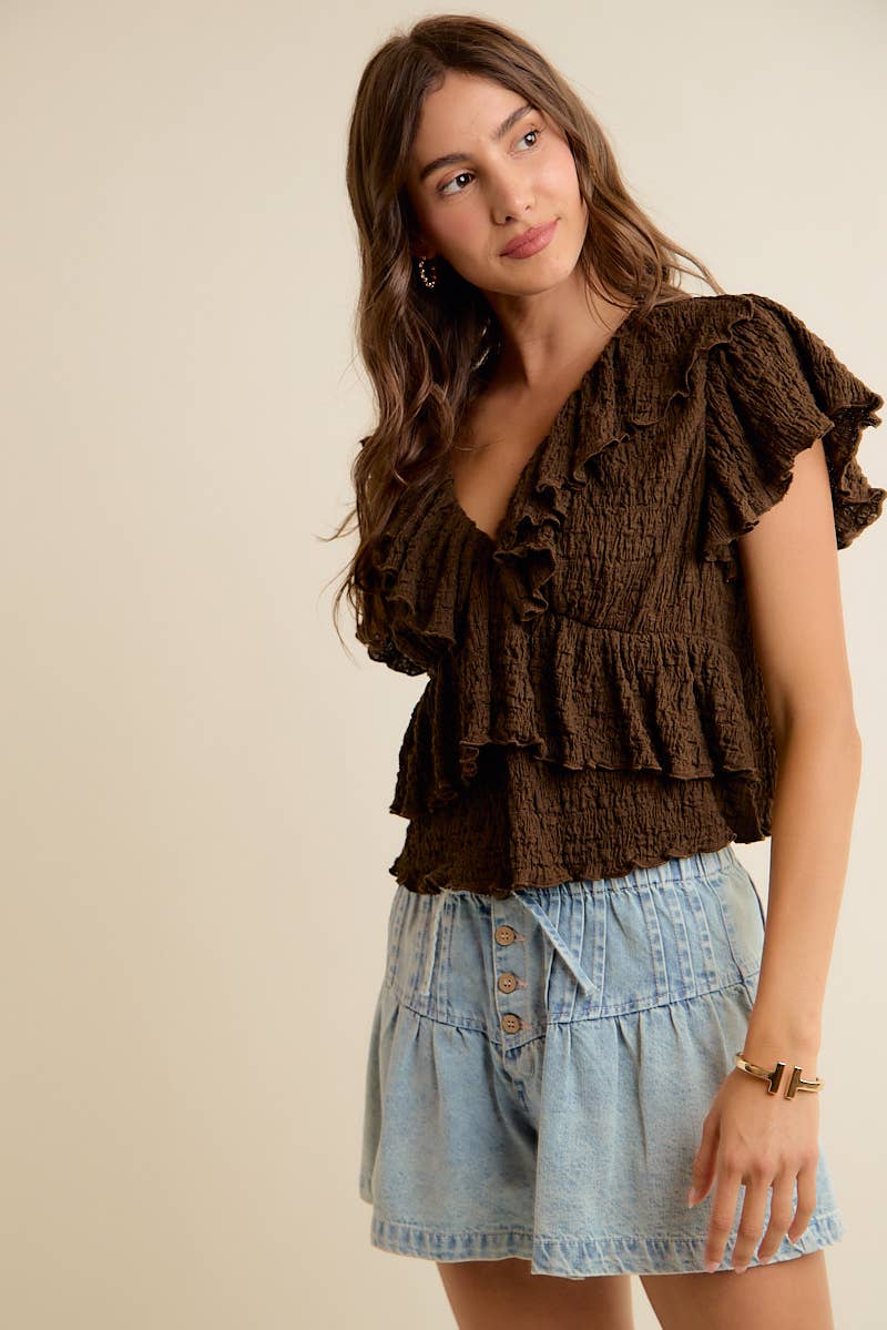 TEXTURED KNIT RUFFLE V NECK KNIT TOP