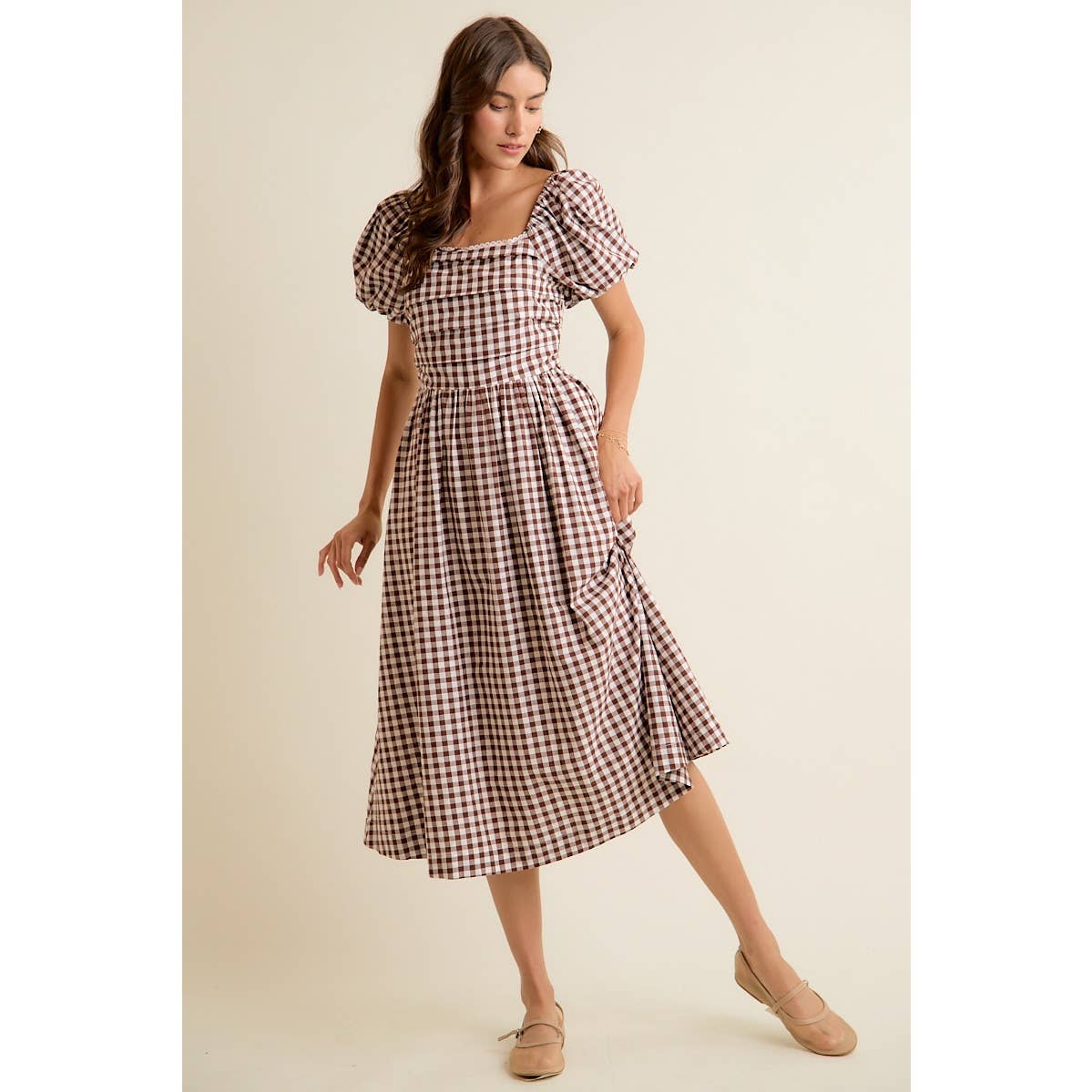 GINGHAM LACE TRIM PUFF SLEEVES LINED MIDI DRESS