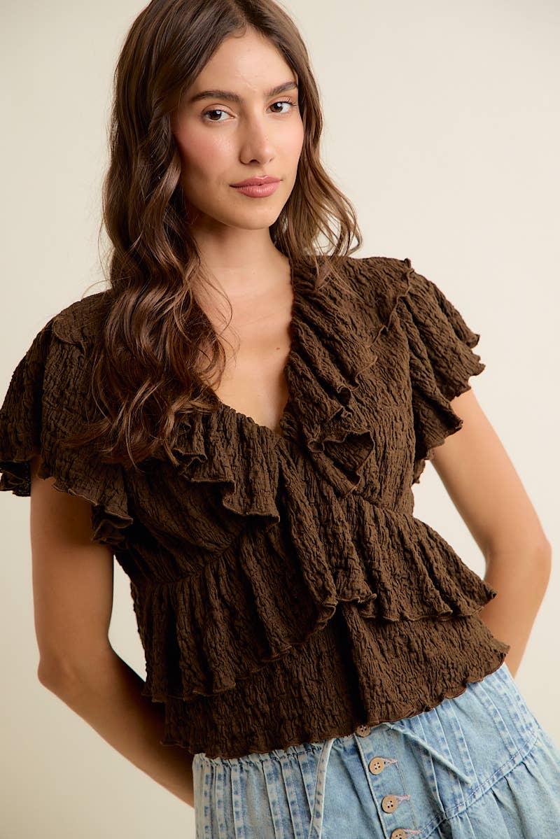 TEXTURED KNIT RUFFLE V NECK KNIT TOP