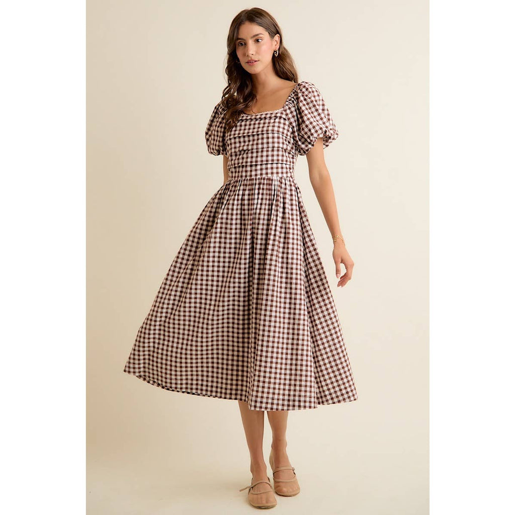 GINGHAM LACE TRIM PUFF SLEEVES LINED MIDI DRESS