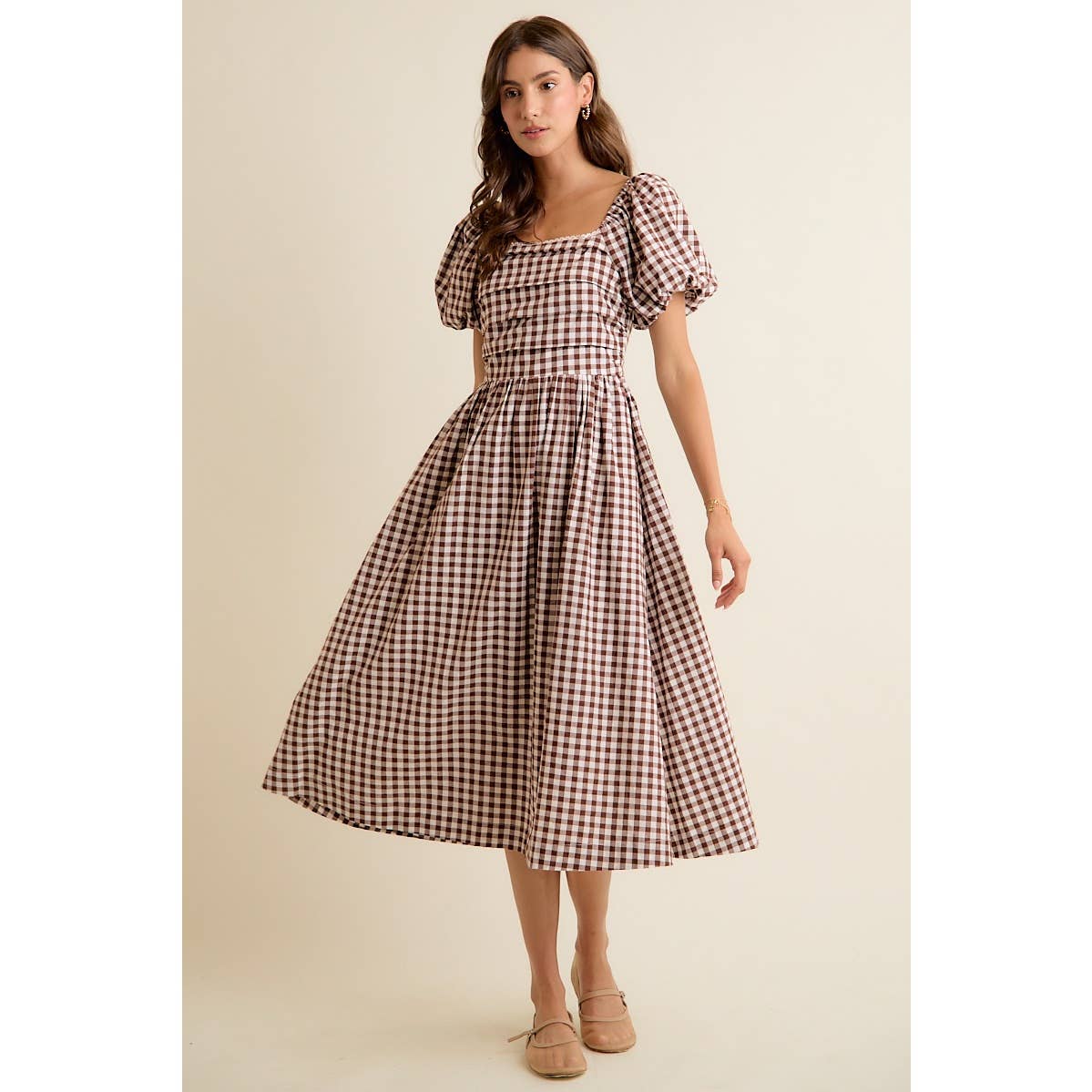 GINGHAM LACE TRIM PUFF SLEEVES LINED MIDI DRESS
