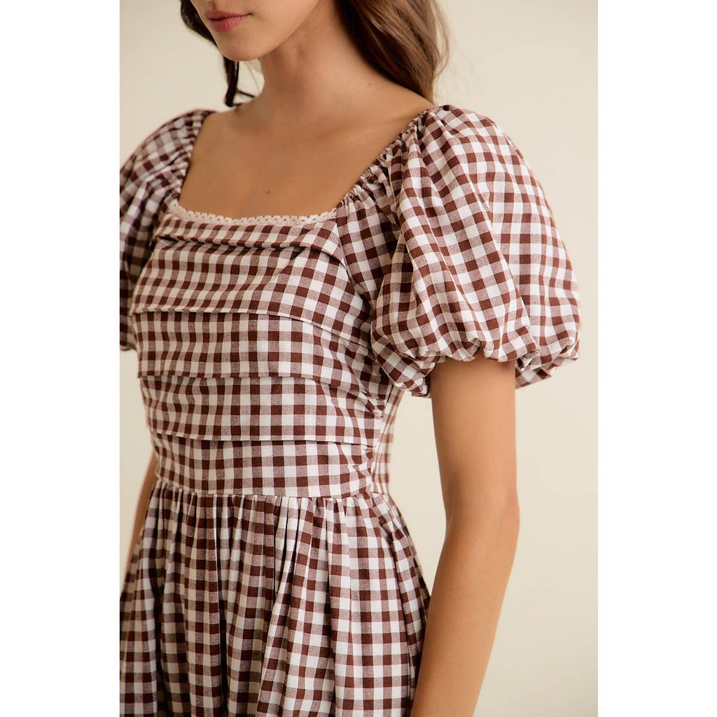 GINGHAM LACE TRIM PUFF SLEEVES LINED MIDI DRESS