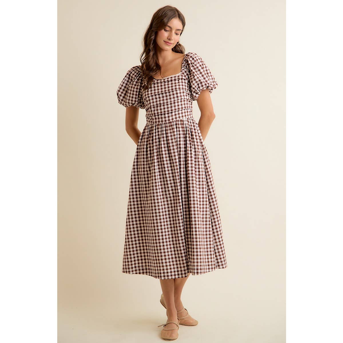 GINGHAM LACE TRIM PUFF SLEEVES LINED MIDI DRESS