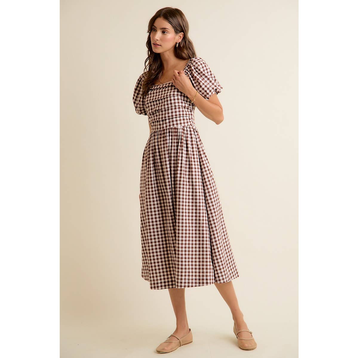 GINGHAM LACE TRIM PUFF SLEEVES LINED MIDI DRESS