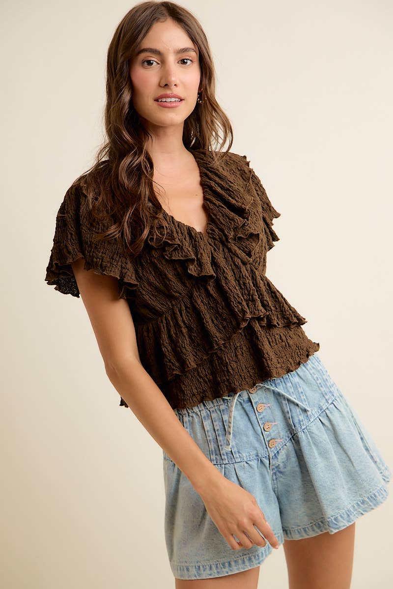 TEXTURED KNIT RUFFLE V NECK KNIT TOP