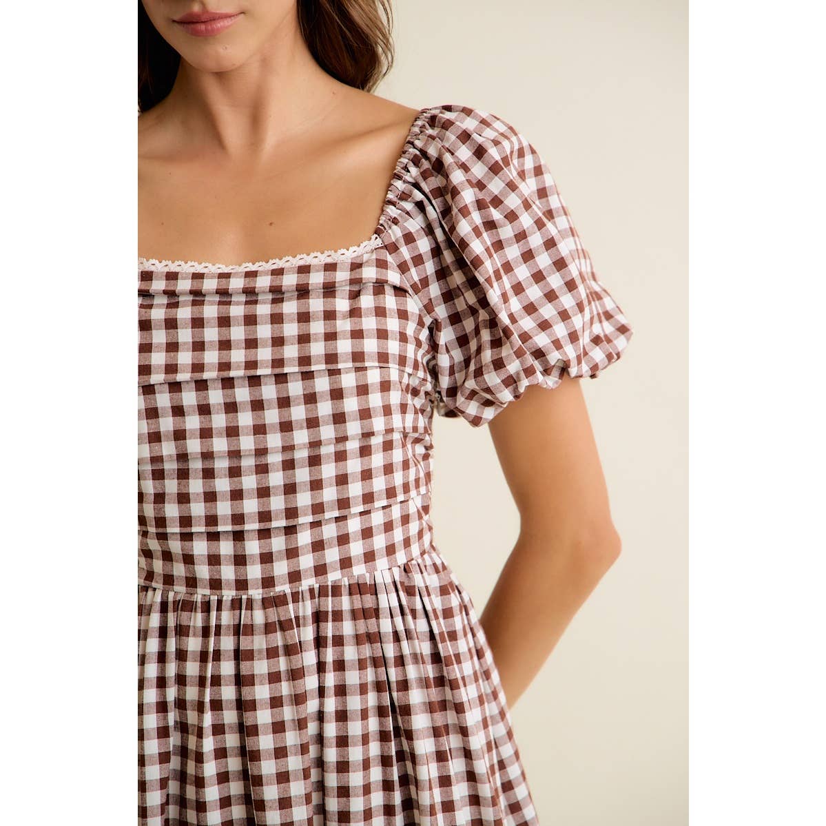 GINGHAM LACE TRIM PUFF SLEEVES LINED MIDI DRESS