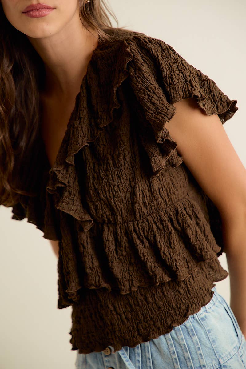 TEXTURED KNIT RUFFLE V NECK KNIT TOP