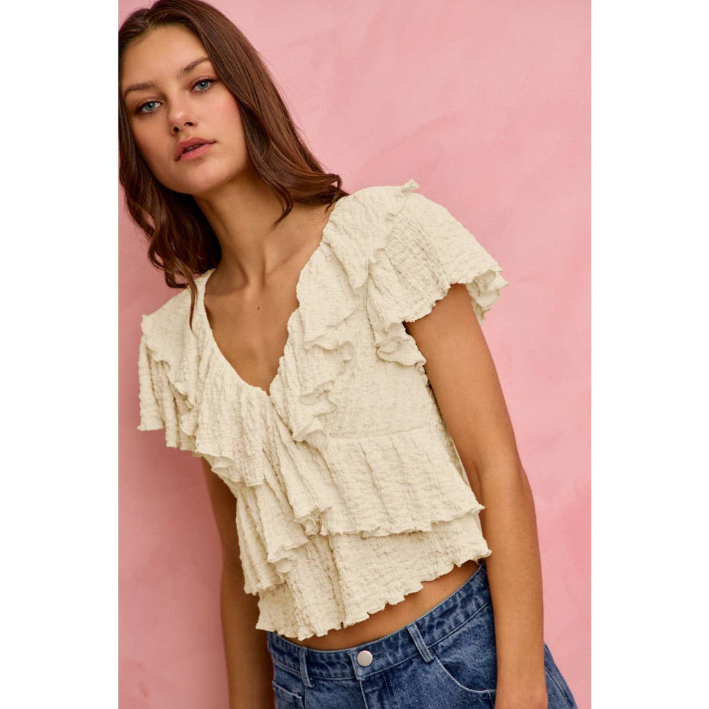 TEXTURED KNIT RUFFLE V NECK KNIT TOP