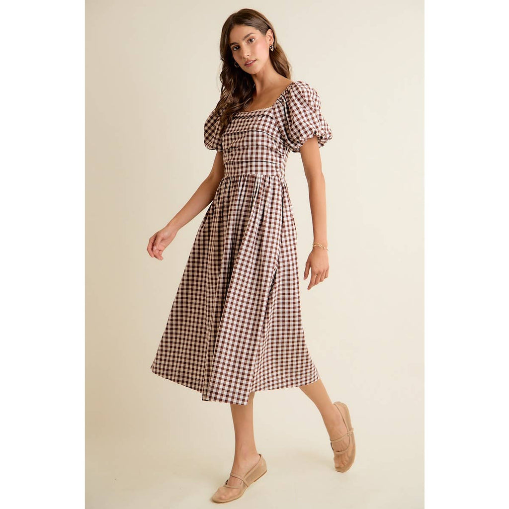 GINGHAM LACE TRIM PUFF SLEEVES LINED MIDI DRESS