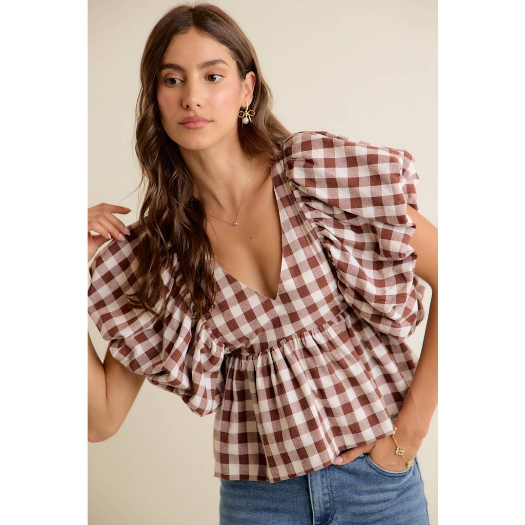 GINGHAM BUBBLE SLEEVES BACK SMOCKED BLOUSE TOP