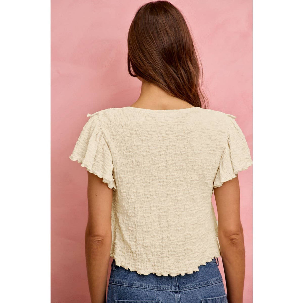 TEXTURED KNIT RUFFLE V NECK KNIT TOP