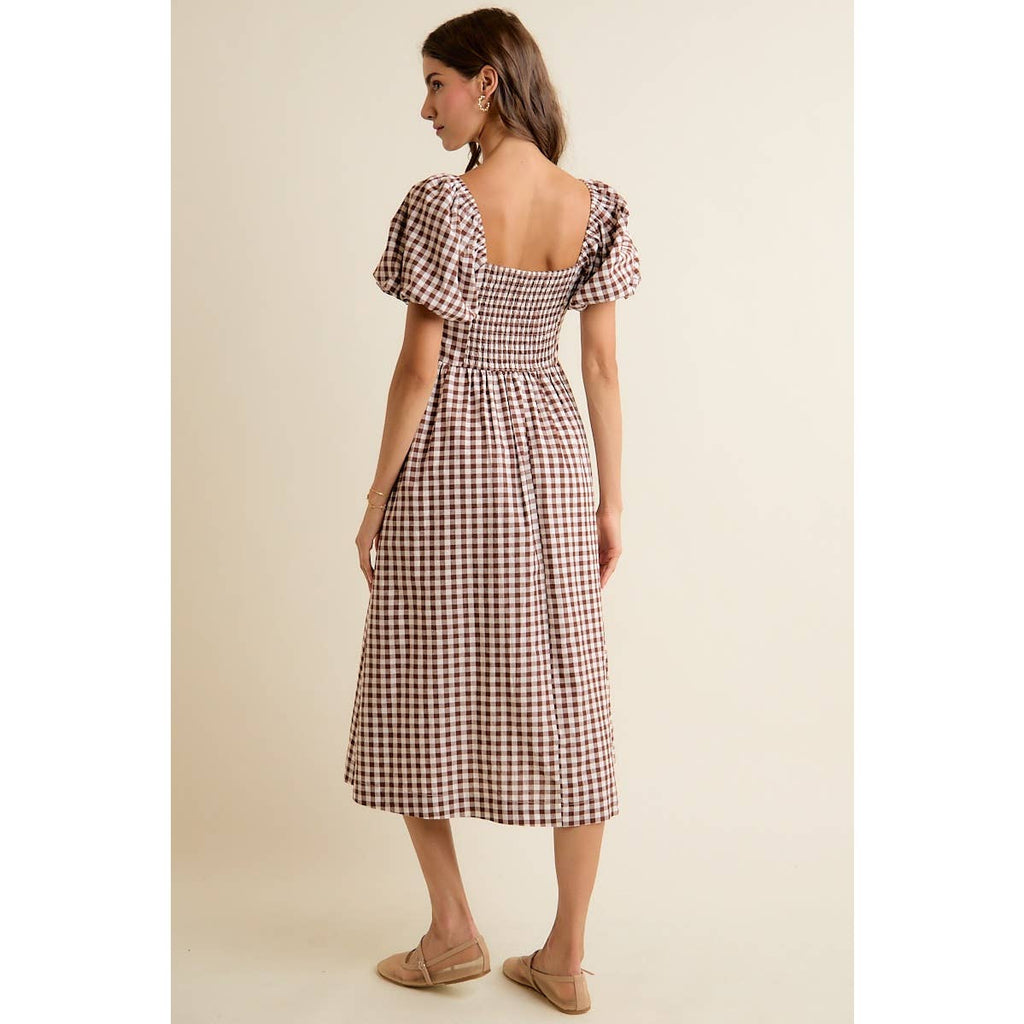 GINGHAM LACE TRIM PUFF SLEEVES LINED MIDI DRESS