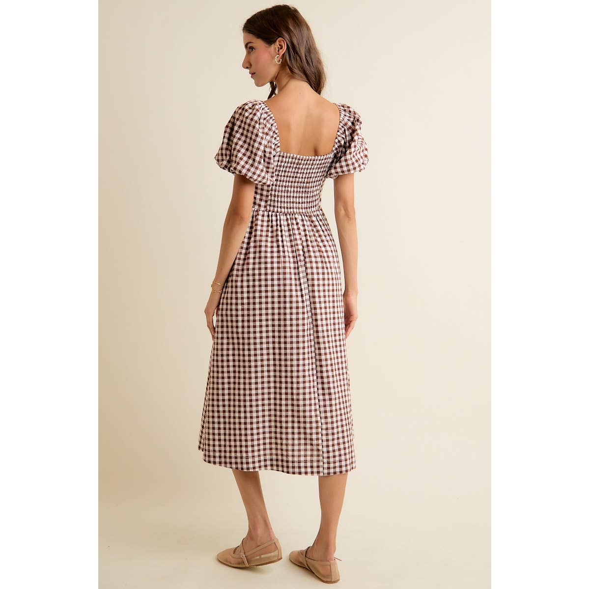 GINGHAM LACE TRIM PUFF SLEEVES LINED MIDI DRESS