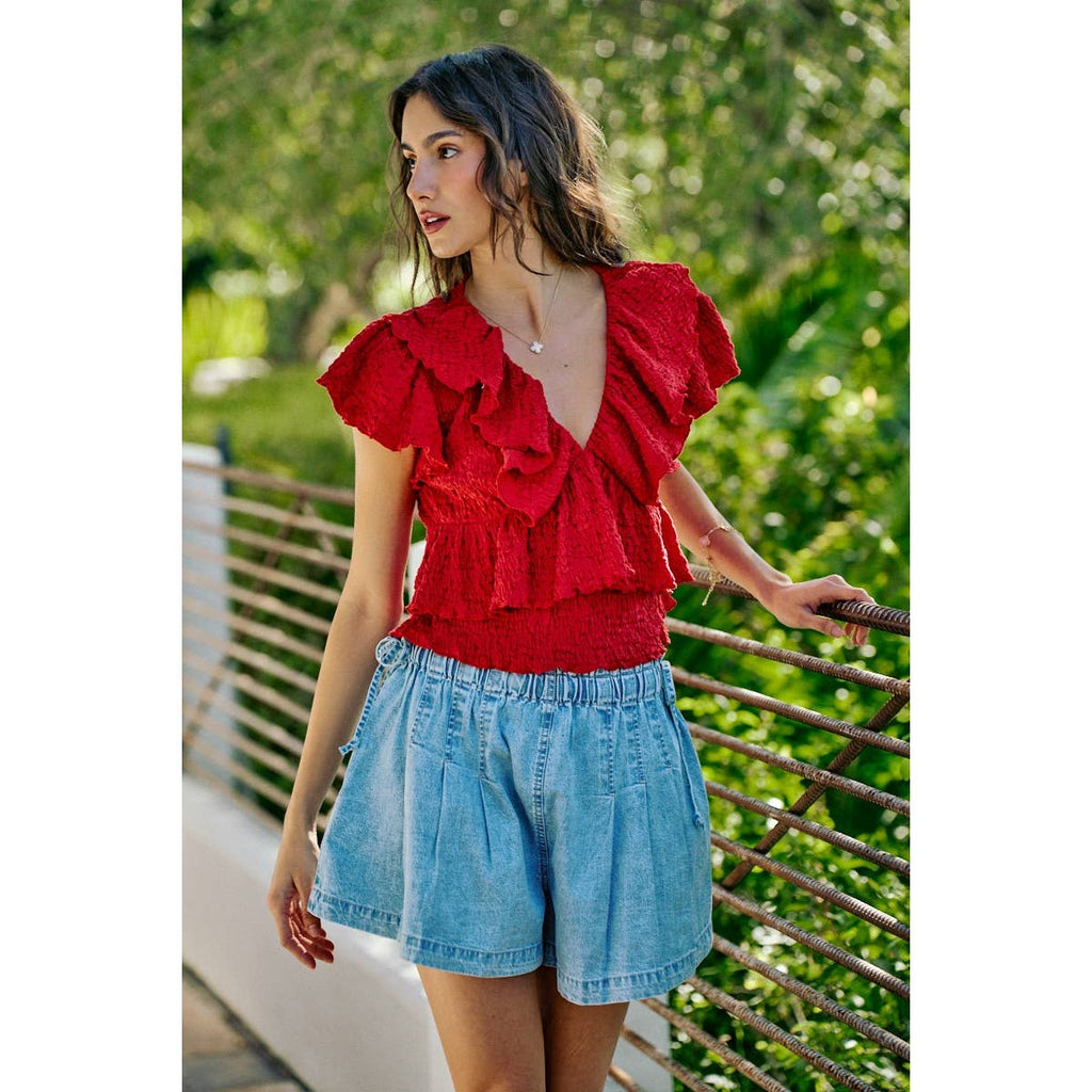 TEXTURED KNIT RUFFLE V NECK KNIT TOP