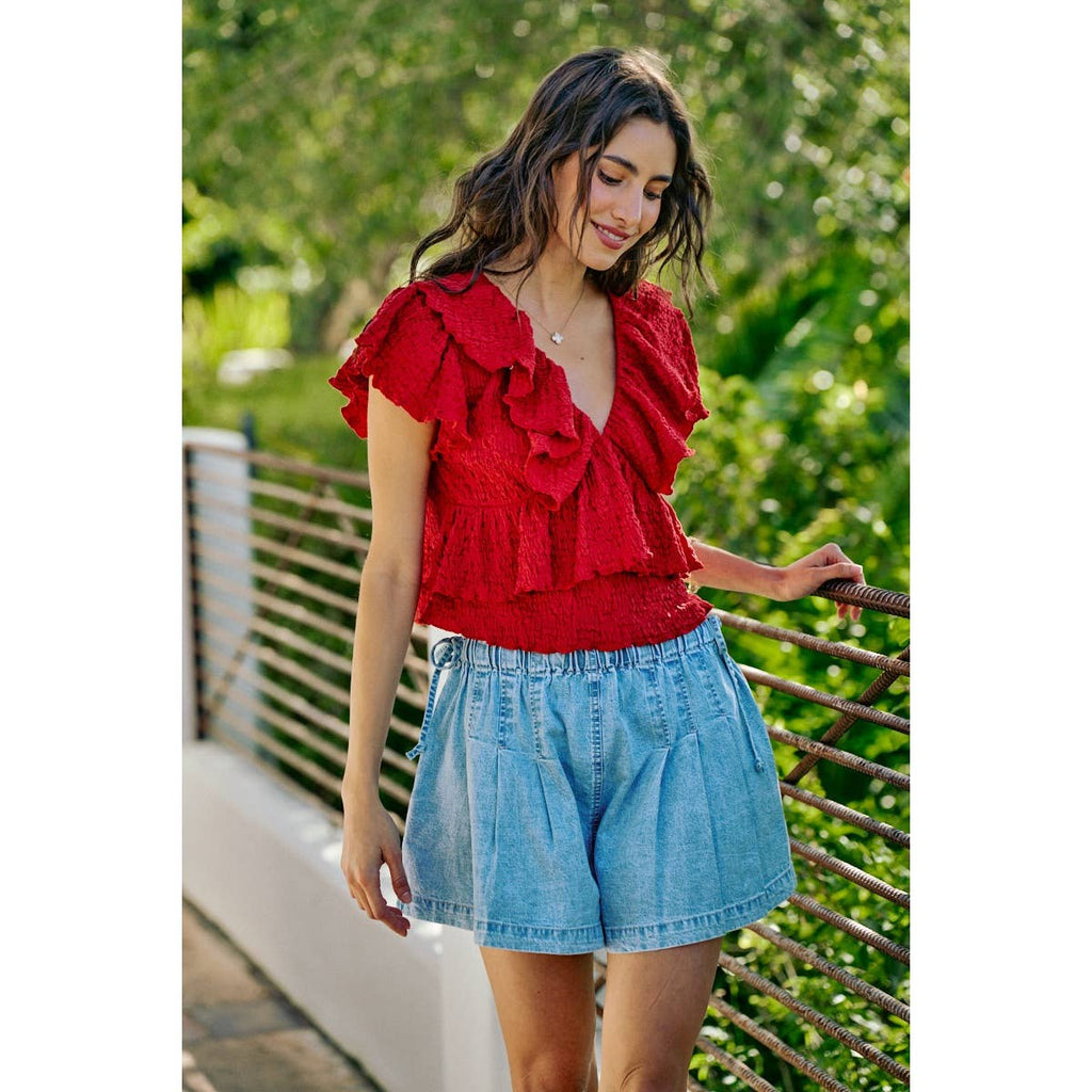 TEXTURED KNIT RUFFLE V NECK KNIT TOP